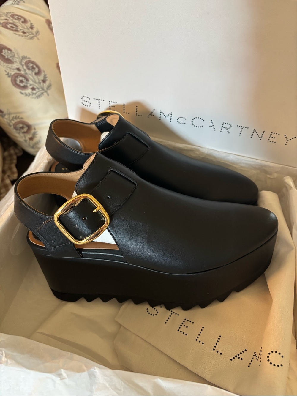 Stella McCartney Black Platform Sandals with Gold Buckle Accent - Picture 2 of 4